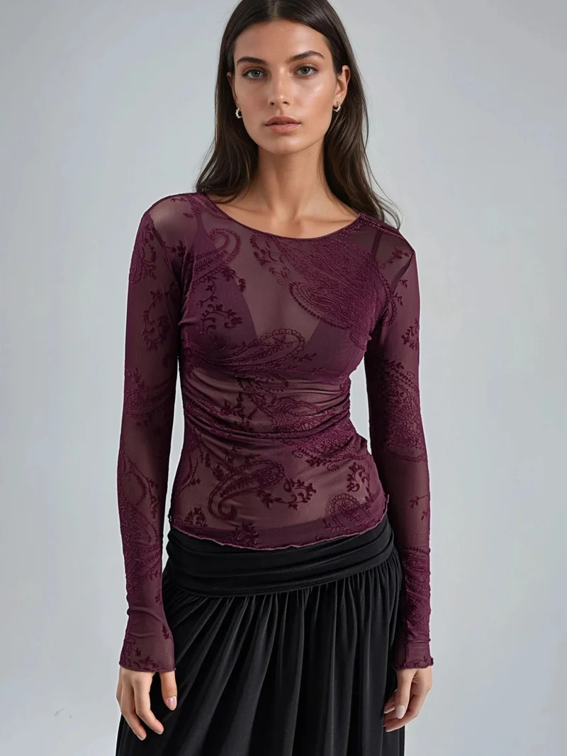 بوسيم BUSEM Fitted Long Sleeve Flock Print Tulle Blouse